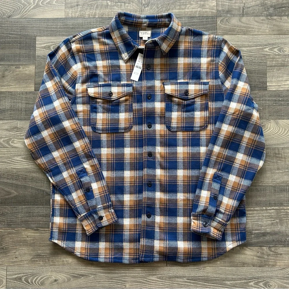 NWT J Crew Seaboard Soft Knit Shirt Men’s XL Brown Blue White Plaid BV898